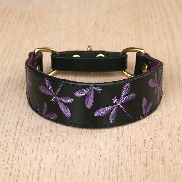 Iridescent Dragonflies Leather Martingale Collar (1.25 inch wide)