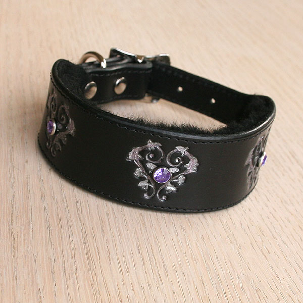 Floral Hearts and Crystals Leather Buckle Collar (1.5 inch wide)