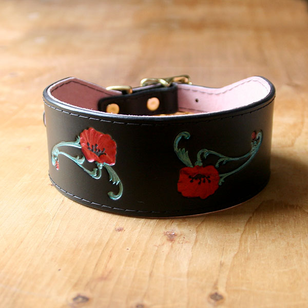 Red Poppies Leather Buckle Collar (2 inch wide)